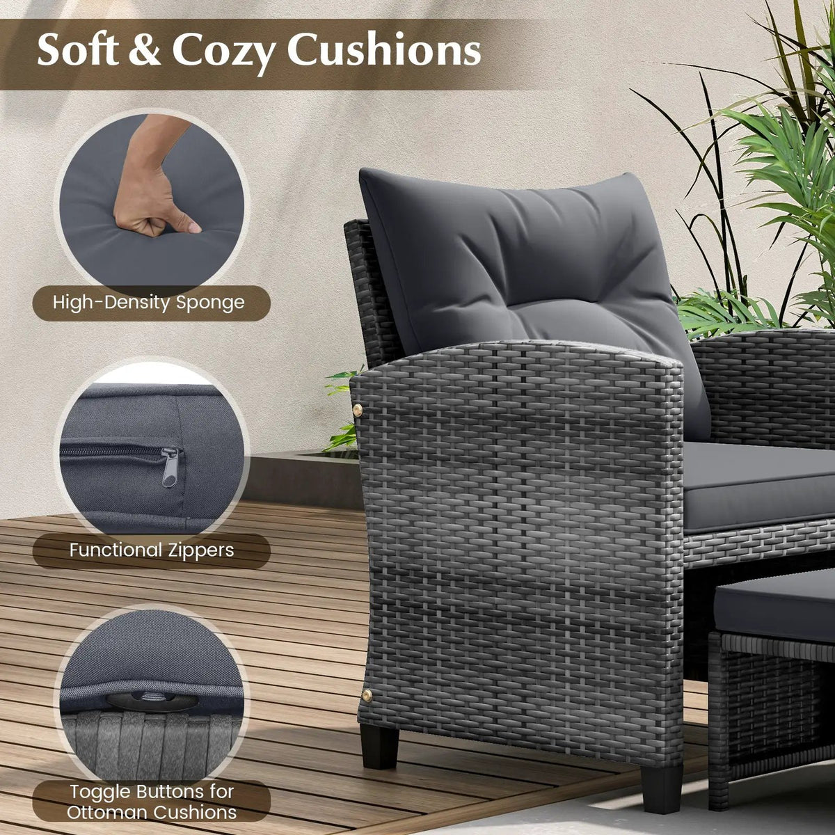 5 Piece Patio Rattan Furniture with 2 Ottomans and Tempered Glass Coffee Table, photo 39 of 50