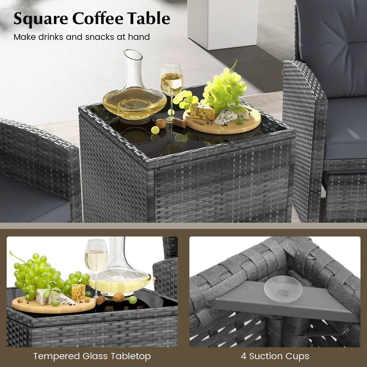 5 Piece Patio Rattan Furniture with 2 Ottomans and Tempered Glass Coffee Table, photo 40 of 50