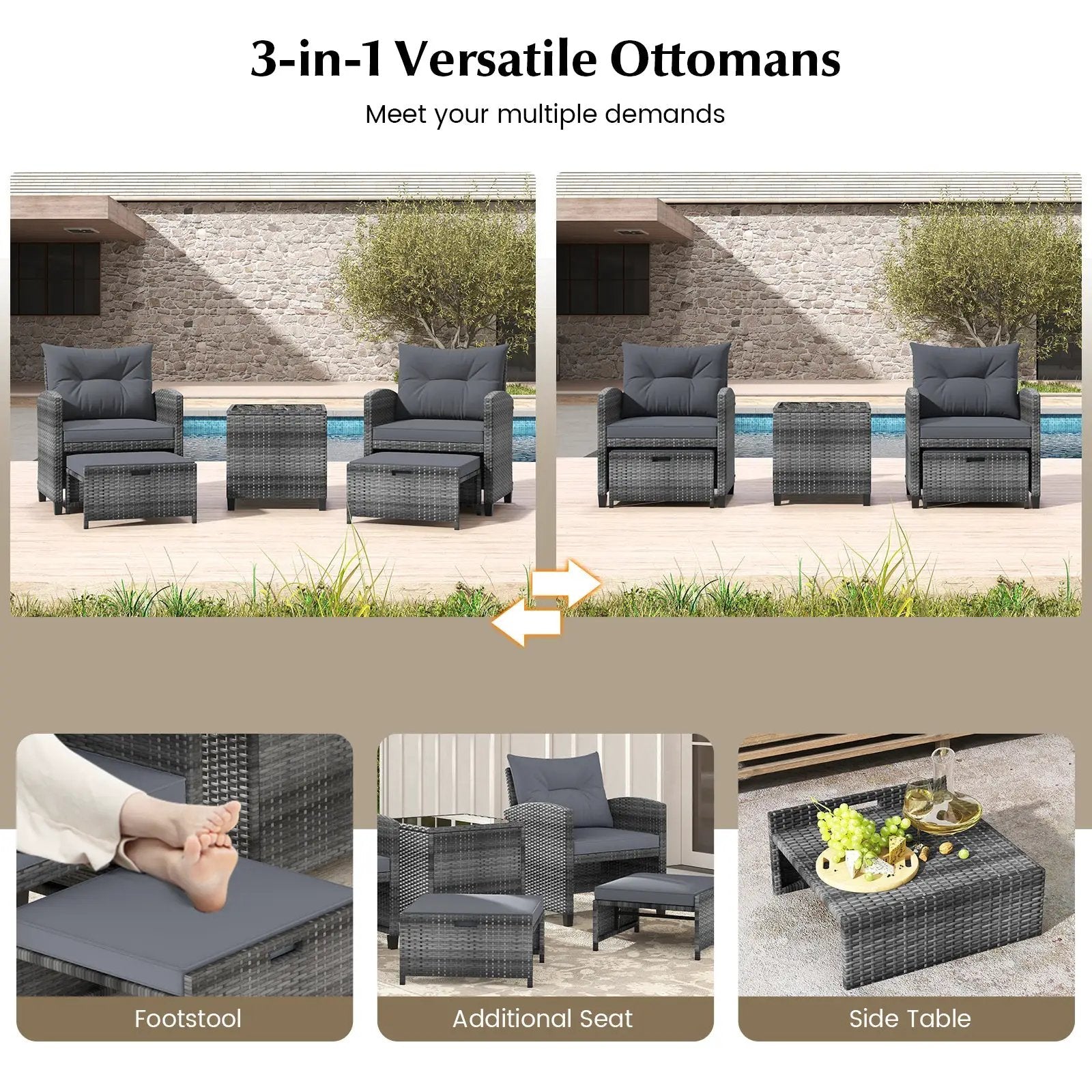 5 Piece Patio Rattan Furniture with 2 Ottomans and Tempered Glass Coffee Table by DirectDeals