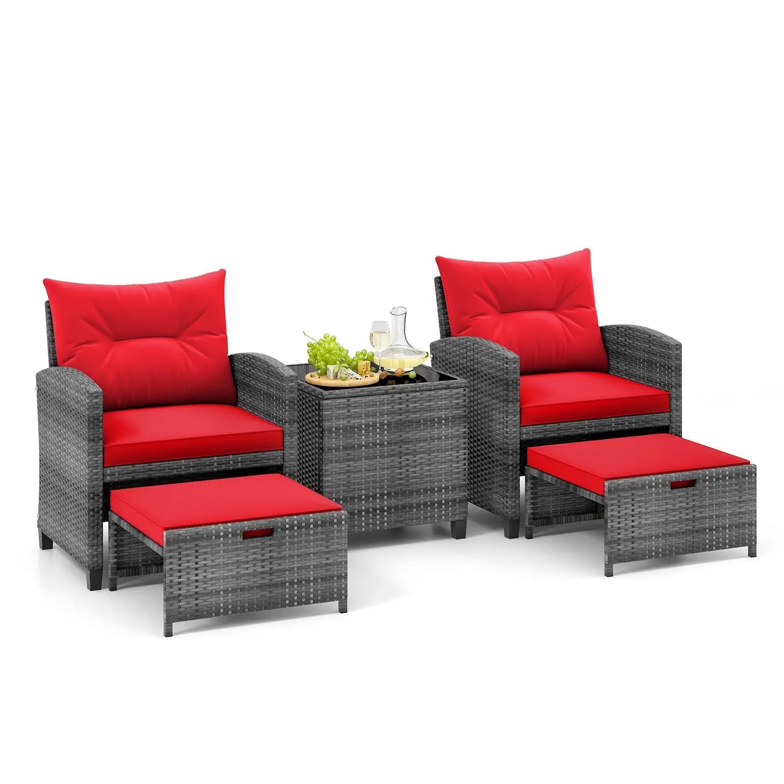 5 Piece Patio Rattan Furniture with 2 Ottomans and Tempered Glass Coffee Table by DirectDeals