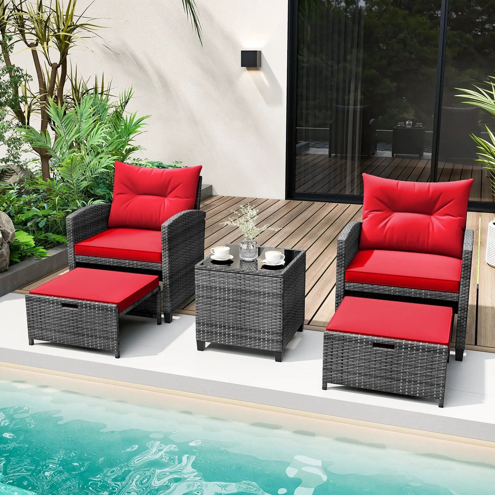 5 Piece Patio Rattan Furniture with 2 Ottomans and Tempered Glass Coffee Table by DirectDeals