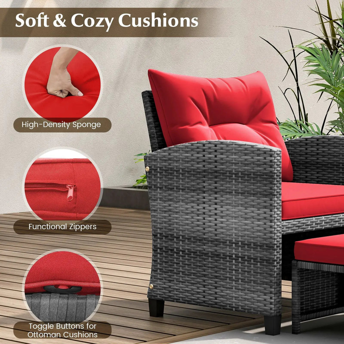 5 Piece Patio Rattan Furniture with 2 Ottomans and Tempered Glass Coffee Table, photo 11 of 50