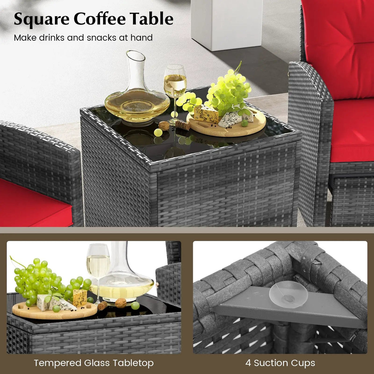5 Piece Patio Rattan Furniture with 2 Ottomans and Tempered Glass Coffee Table, photo 12 of 50