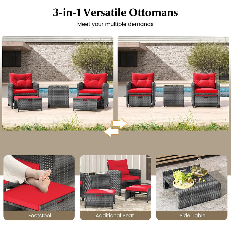 5 Piece Patio Rattan Furniture with 2 Ottomans and Tempered Glass Coffee Table by DirectDeals
