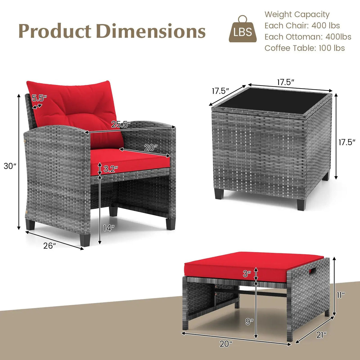 5 Piece Patio Rattan Furniture with 2 Ottomans and Tempered Glass Coffee Table, photo 10 of 50