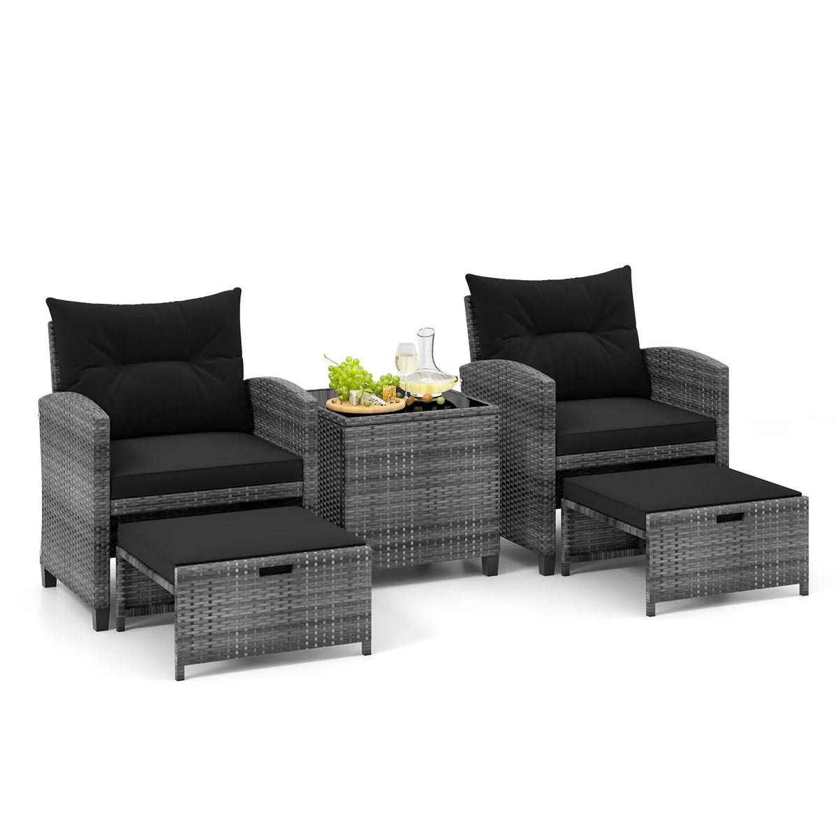 5 Piece Patio Rattan Furniture with 2 Ottomans and Tempered Glass Coffee Table, photo 30 of 50