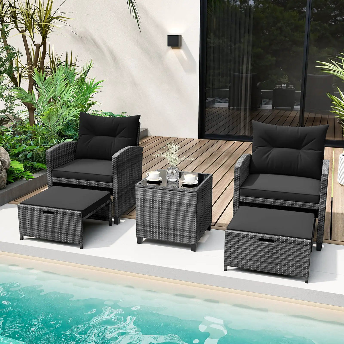 5 Piece Patio Rattan Furniture with 2 Ottomans and Tempered Glass Coffee Table, photo 29 of 50