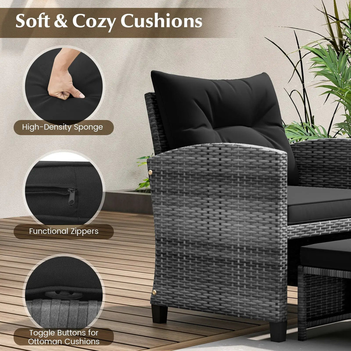 5 Piece Patio Rattan Furniture with 2 Ottomans and Tempered Glass Coffee Table, photo 32 of 50