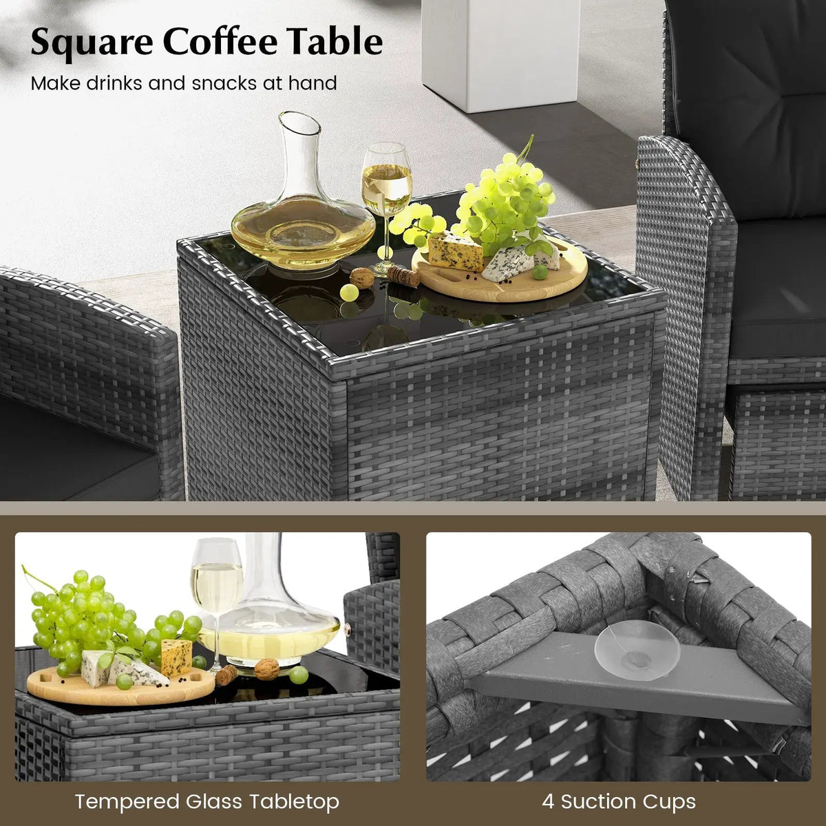 5 Piece Patio Rattan Furniture with 2 Ottomans and Tempered Glass Coffee Table, photo 33 of 50