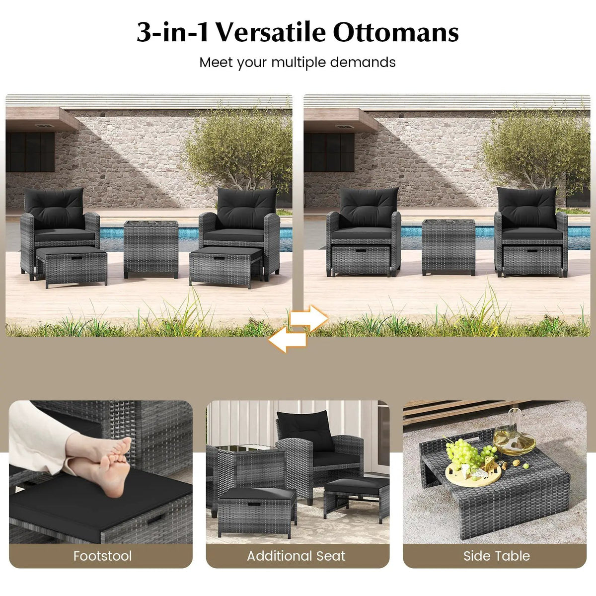 5 Piece Patio Rattan Furniture with 2 Ottomans and Tempered Glass Coffee Table, photo 34 of 50