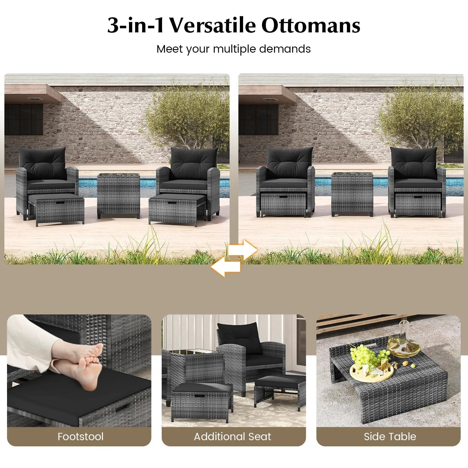 5 Piece Patio Rattan Furniture with 2 Ottomans and Tempered Glass Coffee Table by DirectDeals