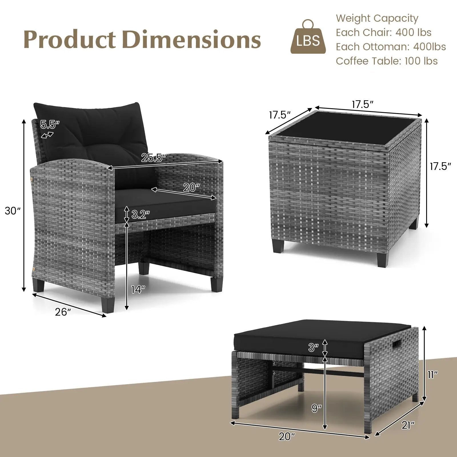 5 Piece Patio Rattan Furniture with 2 Ottomans and Tempered Glass Coffee Table by DirectDeals