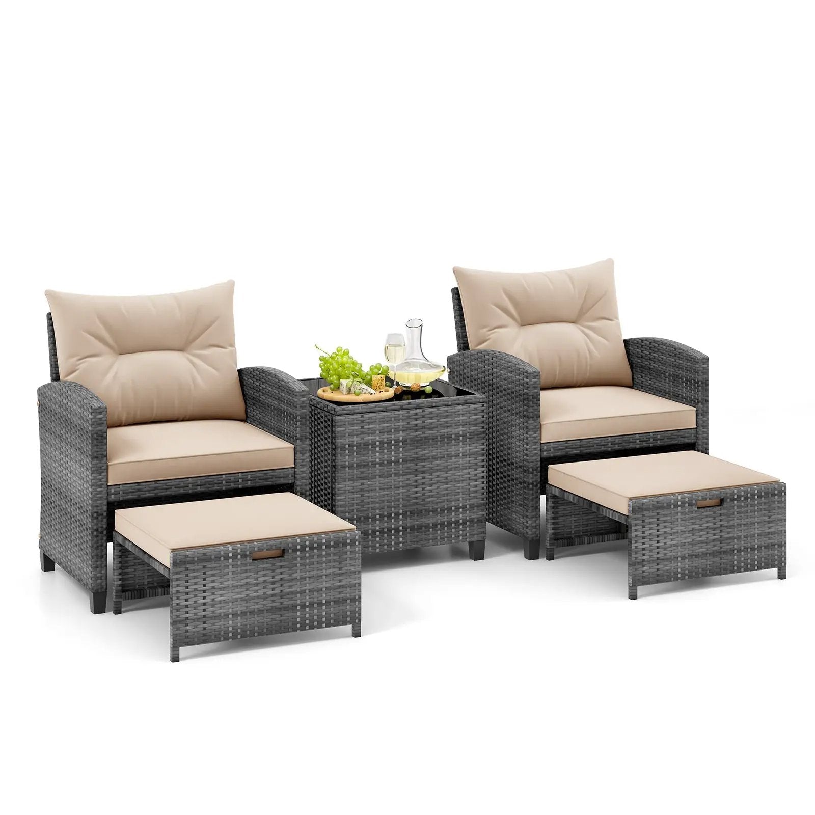 5 Piece Patio Rattan Furniture with 2 Ottomans and Tempered Glass Coffee Table by DirectDeals
