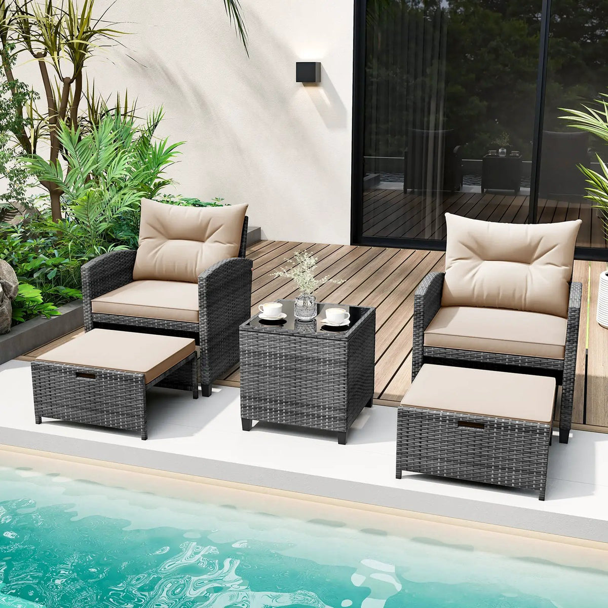 5 Piece Patio Rattan Furniture with 2 Ottomans and Tempered Glass Coffee Table, photo 22 of 50