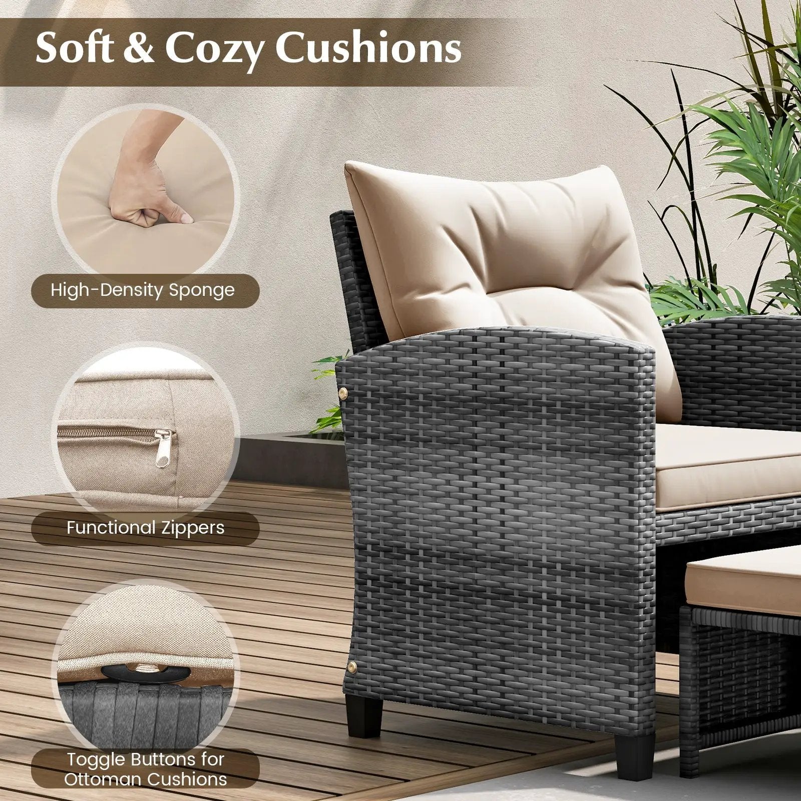 5 Piece Patio Rattan Furniture with 2 Ottomans and Tempered Glass Coffee Table by DirectDeals