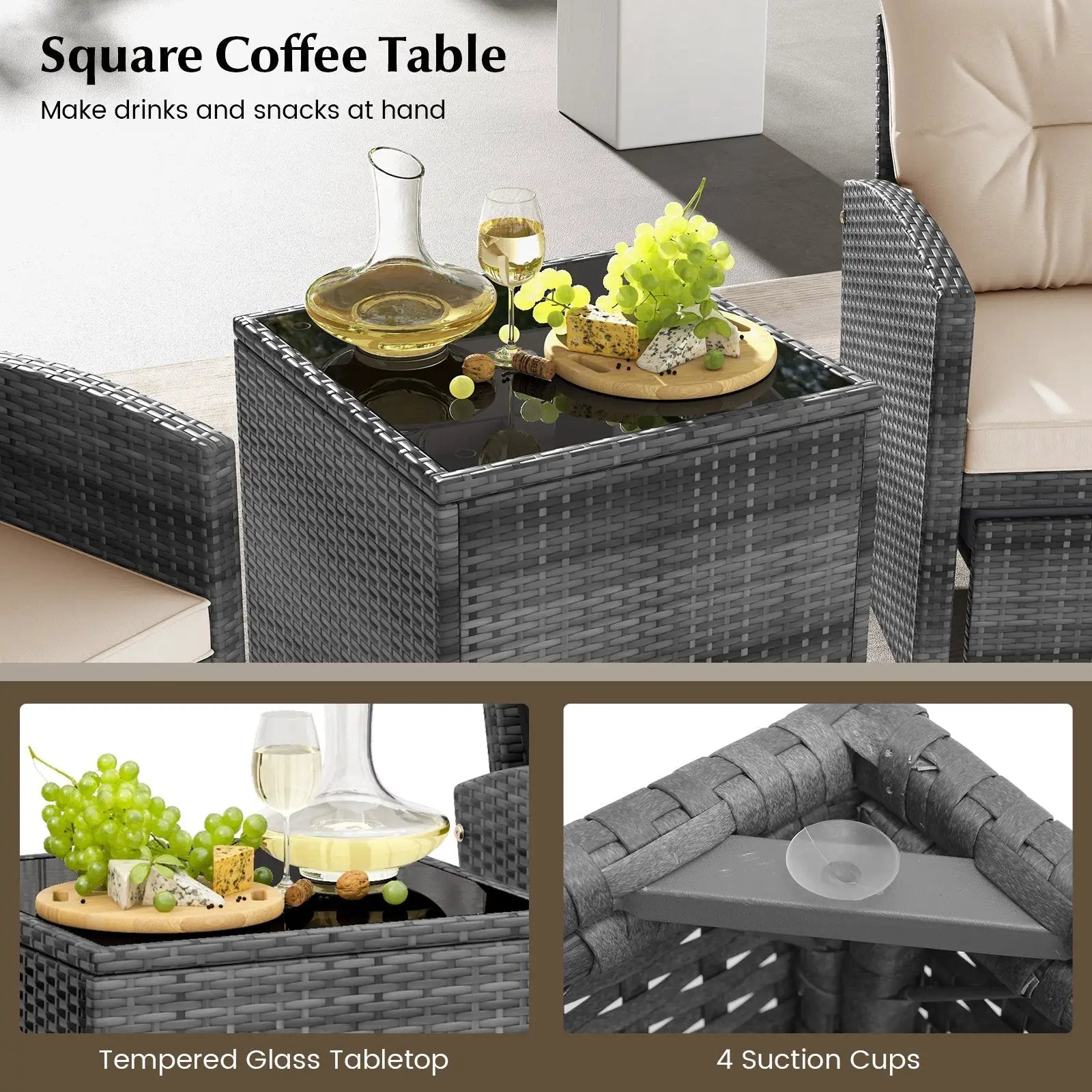 5 Piece Patio Rattan Furniture with 2 Ottomans and Tempered Glass Coffee Table by DirectDeals