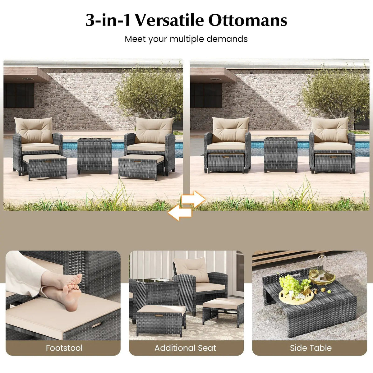 5 Piece Patio Rattan Furniture with 2 Ottomans and Tempered Glass Coffee Table, photo 27 of 50