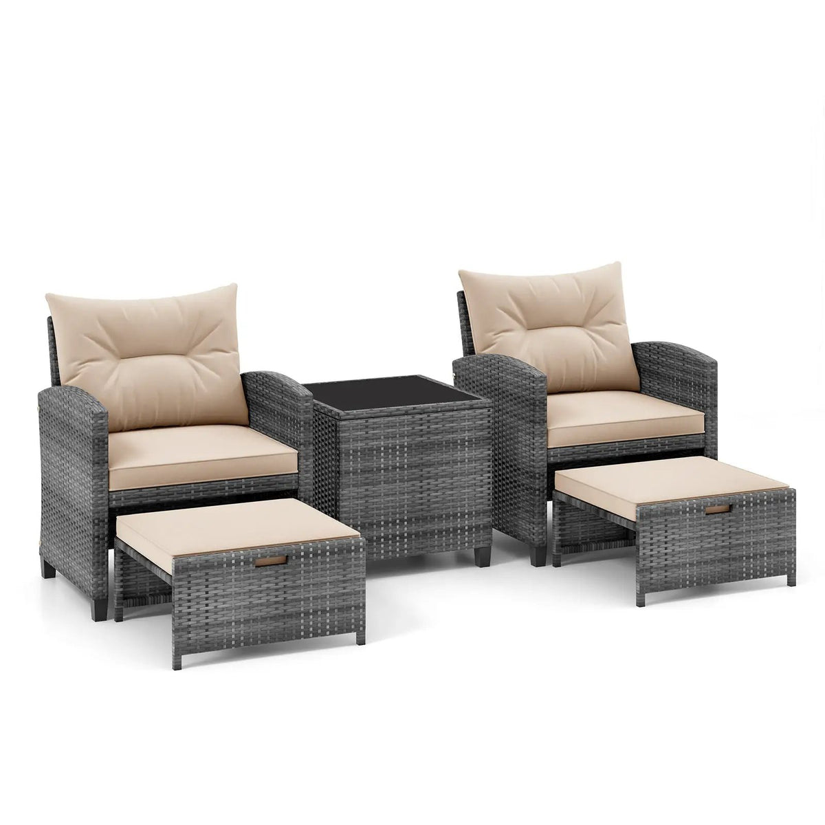 5 Piece Patio Rattan Furniture with 2 Ottomans and Tempered Glass Coffee Table, photo 23 of 50