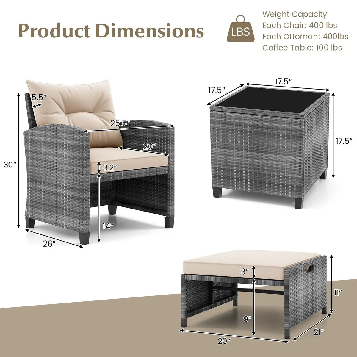 5 Piece Patio Rattan Furniture with 2 Ottomans and Tempered Glass Coffee Table, photo 24 of 50