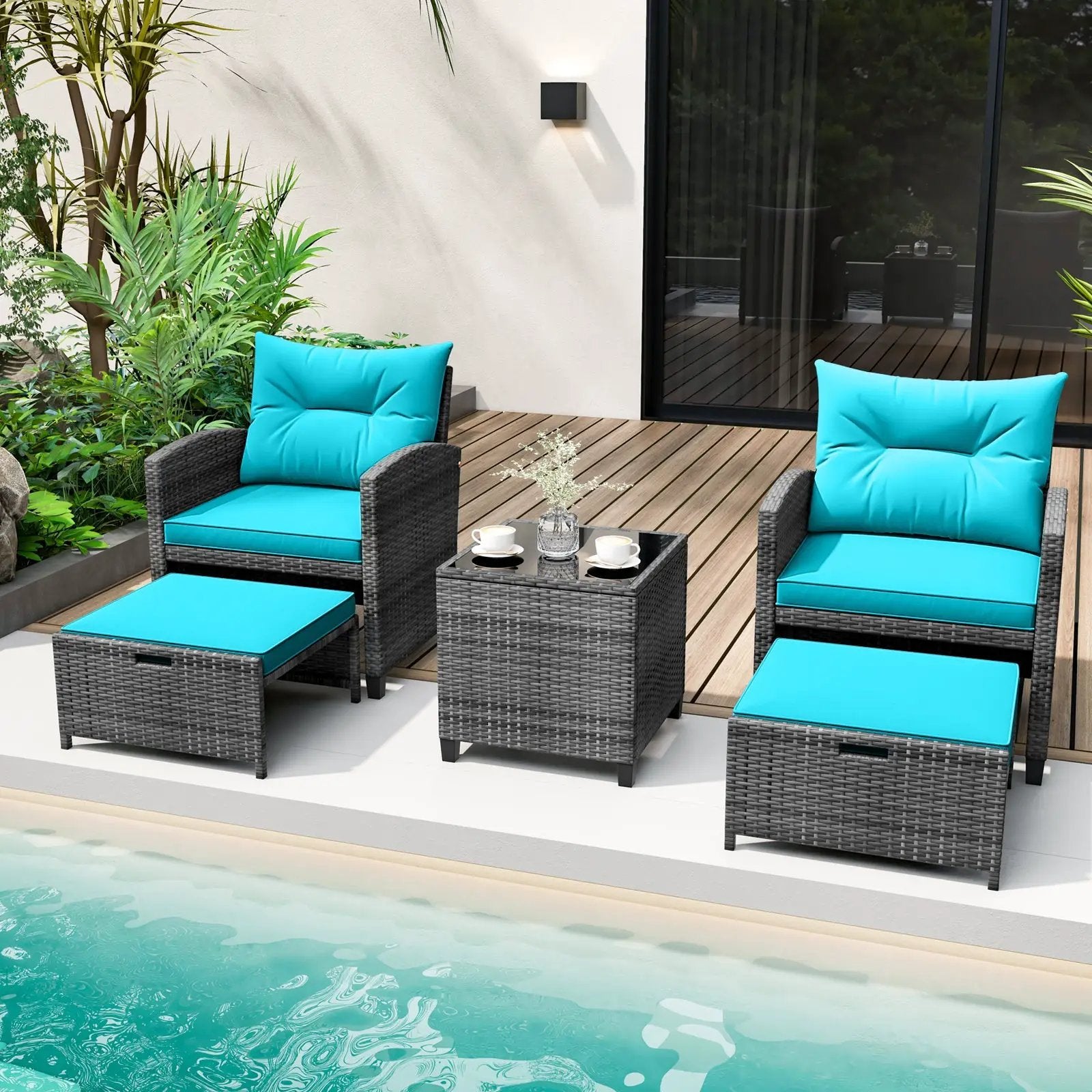 5 Piece Patio Rattan Furniture with 2 Ottomans and Tempered Glass Coffee Table by DirectDeals