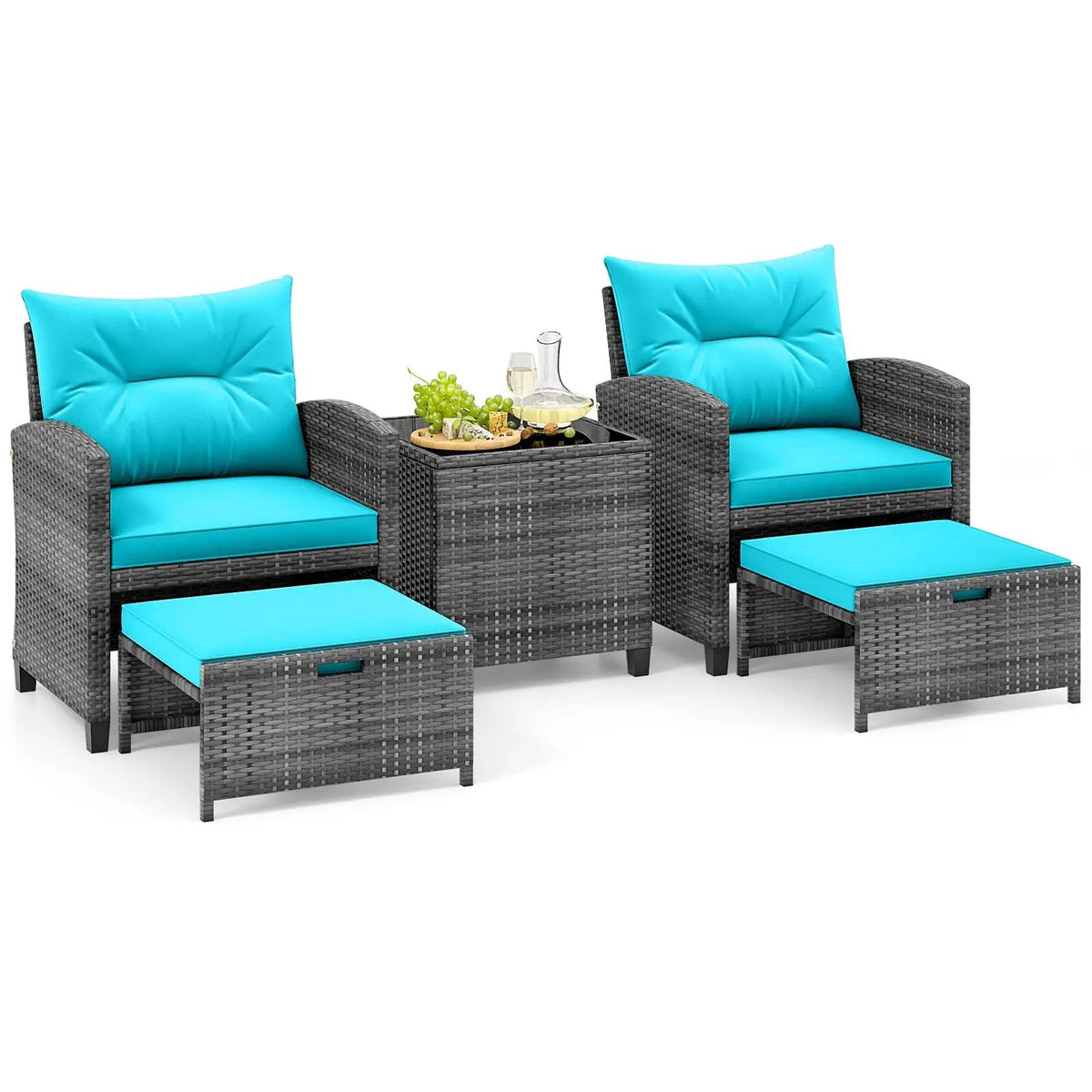 5 Piece Patio Rattan Furniture with 2 Ottomans and Tempered Glass Coffee Table, photo 6 of 50