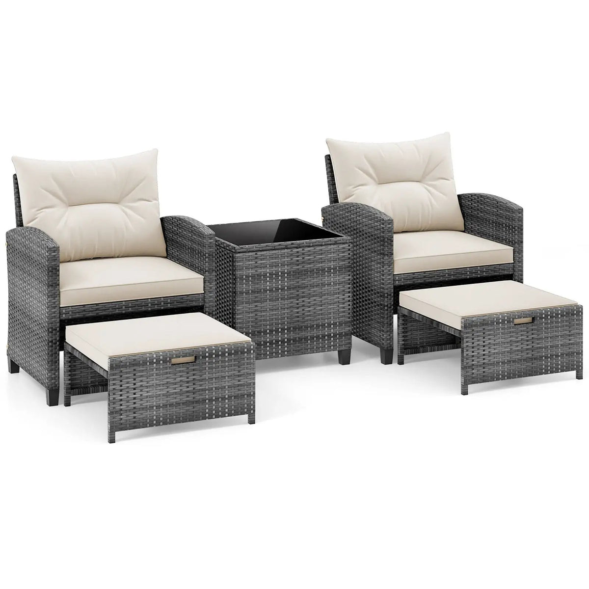 5 Piece Patio Rattan Furniture with 2 Ottomans and Tempered Glass Coffee Table, photo 7 of 50