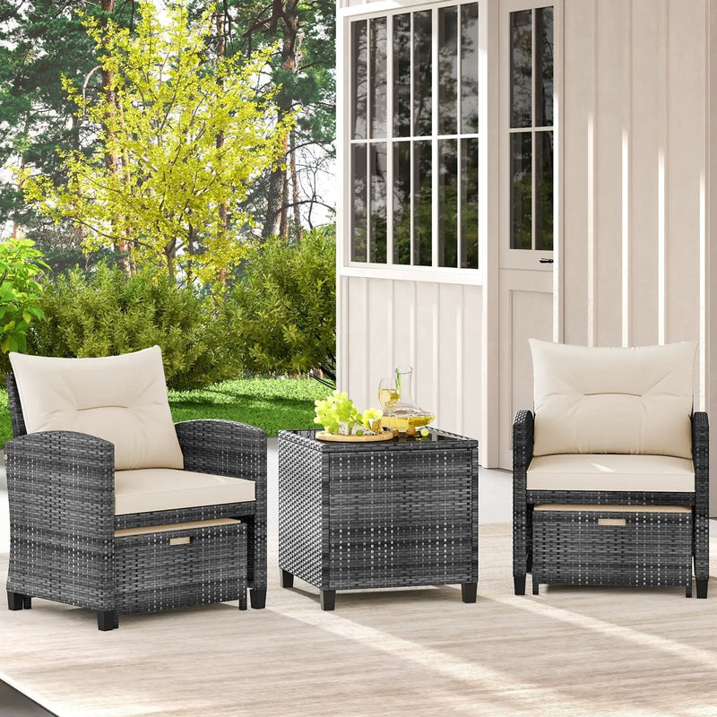 5 Piece Patio Rattan Furniture with 2 Ottomans and Tempered Glass Coffee Table by DirectDeals