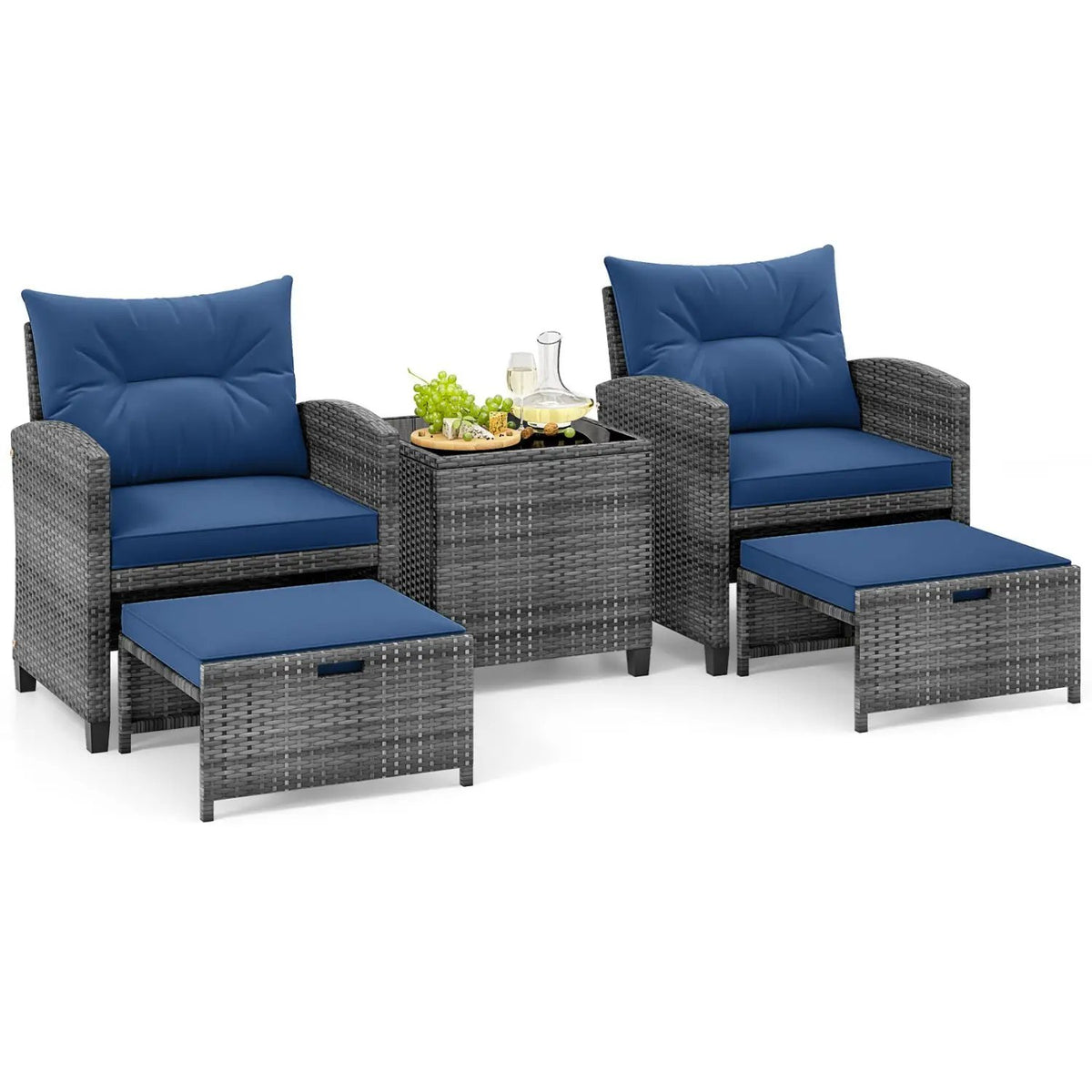 5 Piece Patio Rattan Furniture with 2 Ottomans and Tempered Glass Coffee Table, photo 2 of 50