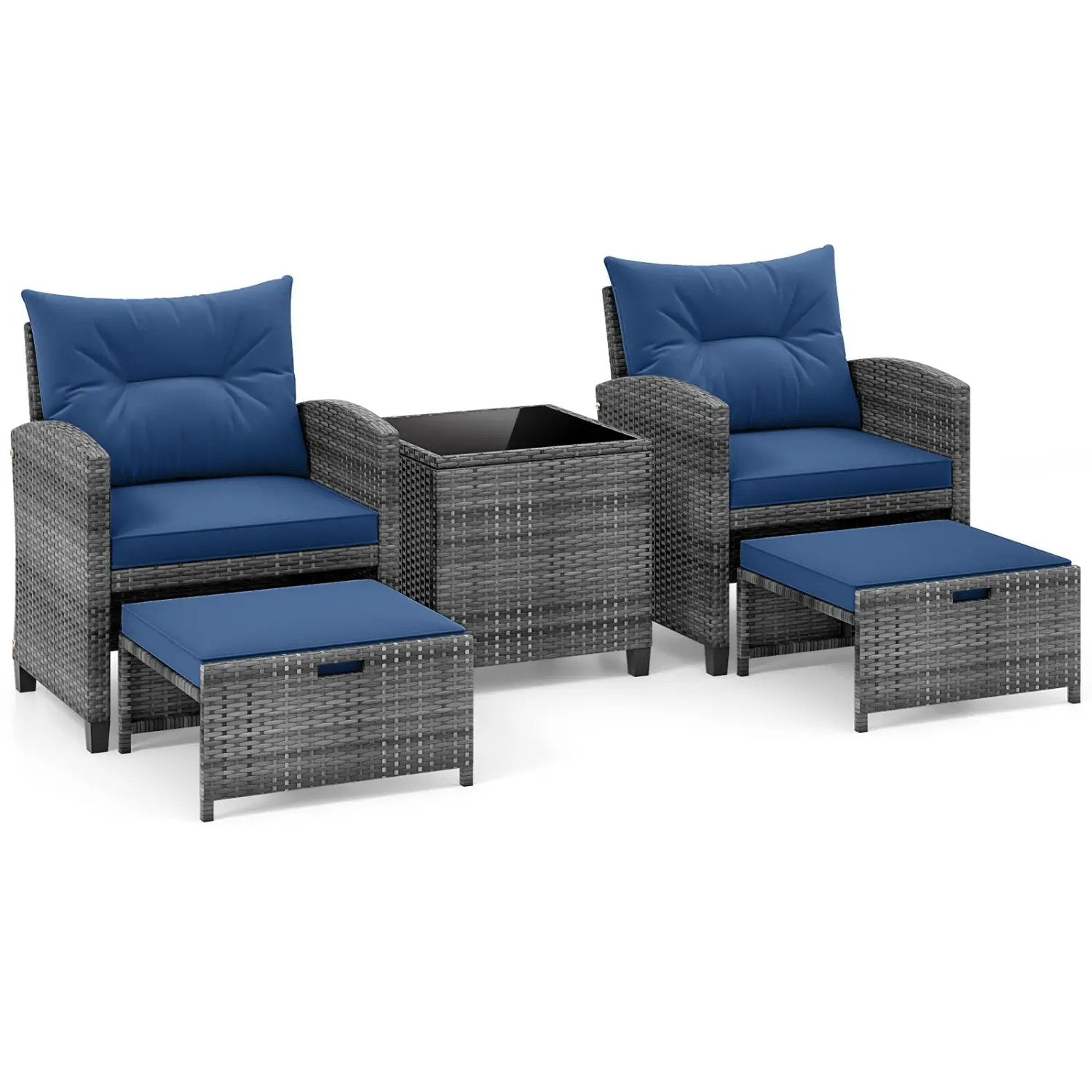 5 Piece Patio Rattan Furniture with 2 Ottomans and Tempered Glass Coffee Table by DirectDeals
