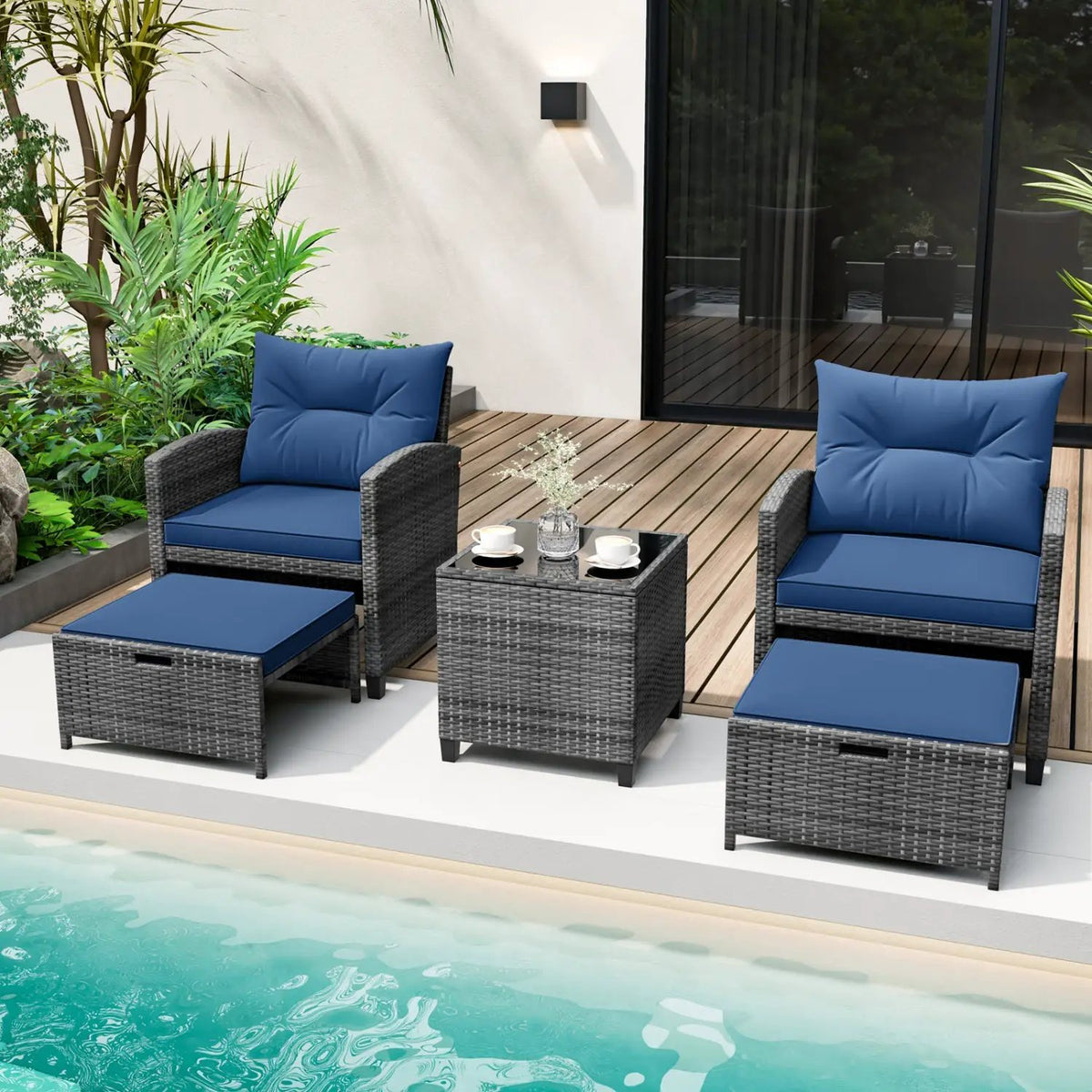 5 Piece Patio Rattan Furniture with 2 Ottomans and Tempered Glass Coffee Table, photo 15 of 50