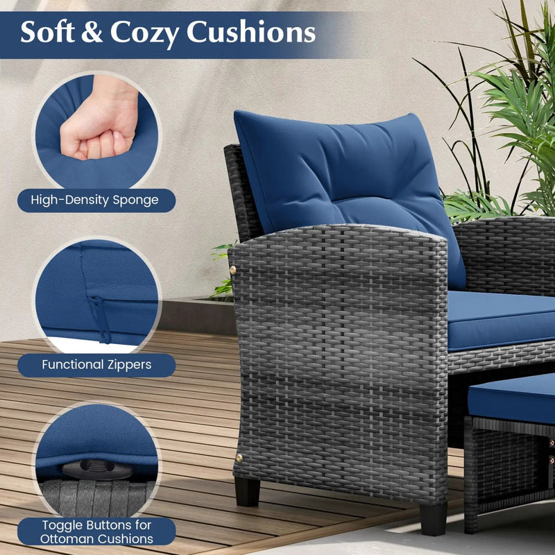 5 Piece Patio Rattan Furniture with 2 Ottomans and Tempered Glass Coffee Table by DirectDeals