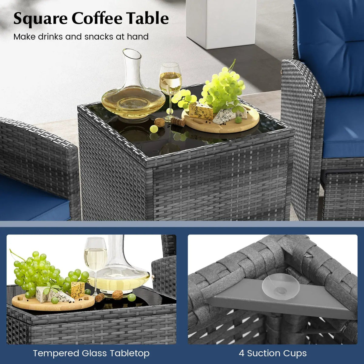 5 Piece Patio Rattan Furniture with 2 Ottomans and Tempered Glass Coffee Table, photo 19 of 50