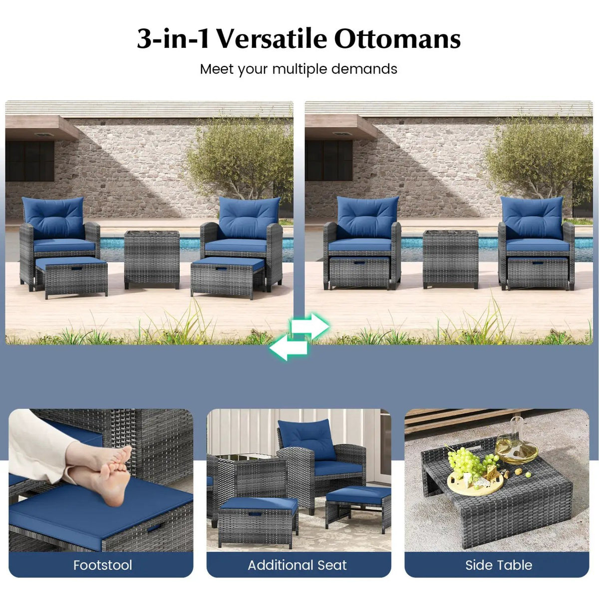 5 Piece Patio Rattan Furniture with 2 Ottomans and Tempered Glass Coffee Table, photo 20 of 50