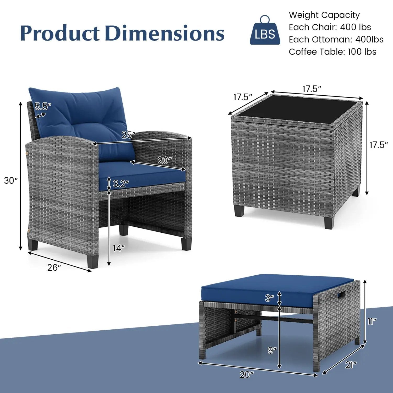 5 Piece Patio Rattan Furniture with 2 Ottomans and Tempered Glass Coffee Table by DirectDeals