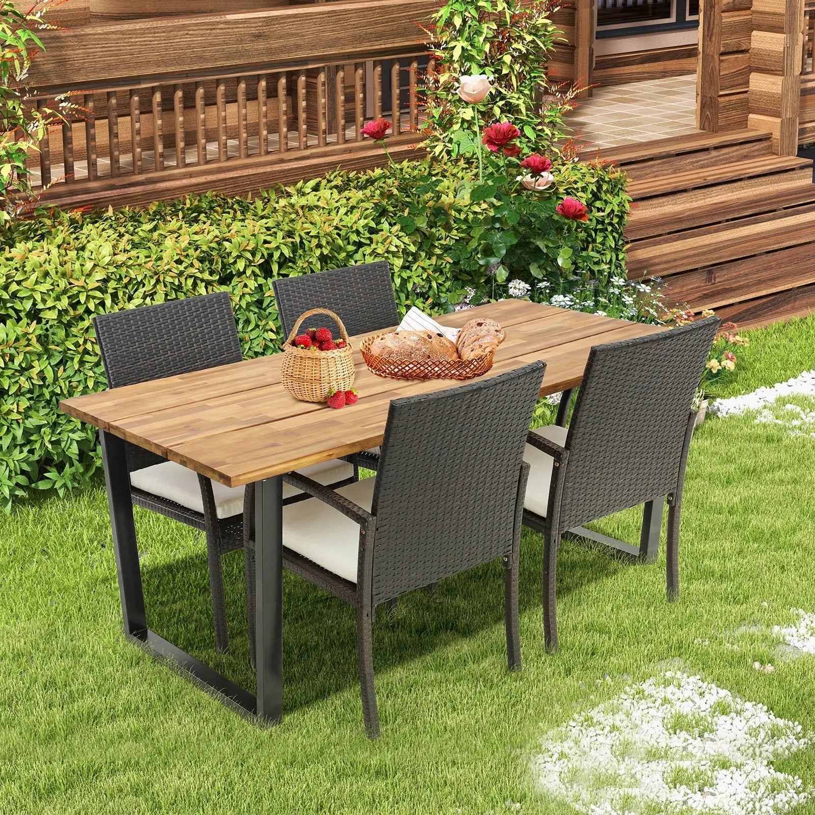 5 Pieces Patio Rattan Dining Set with Umbrella Hole and Seat Cushions by DirectDeals