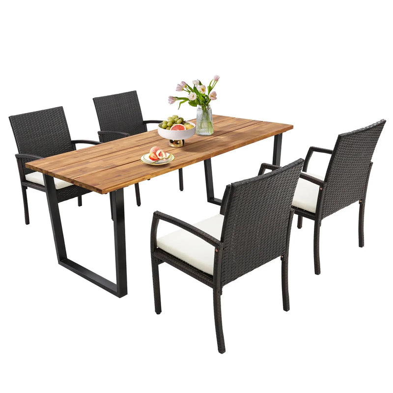 5 Pieces Patio Rattan Dining Set with Umbrella Hole and Seat Cushions by DirectDeals