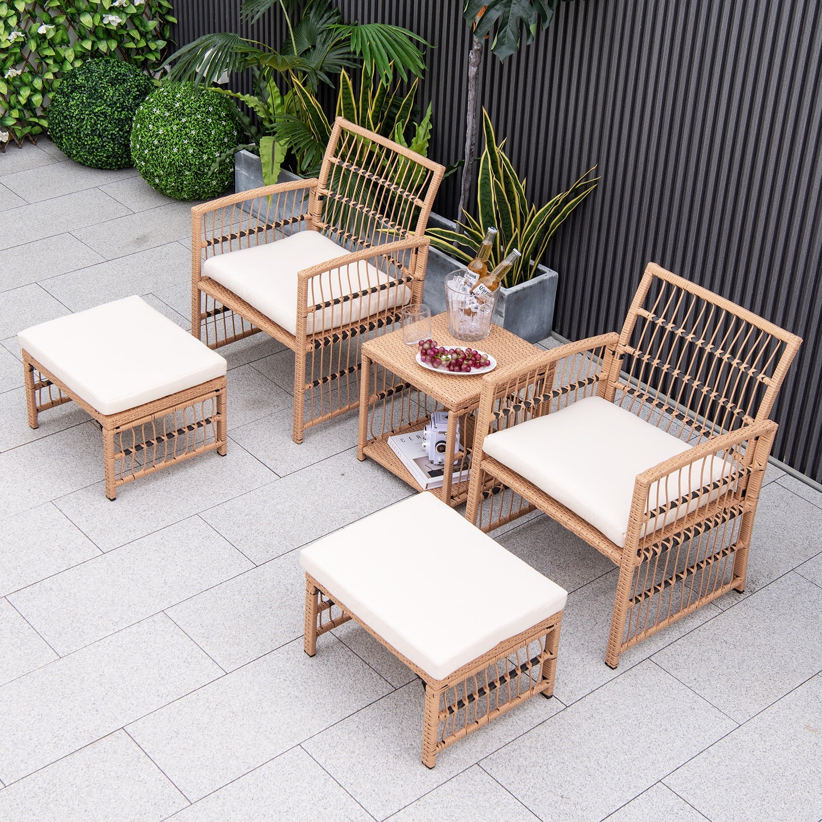 5 Piece Patio Wicker Sofa Set with Seat and Back Cushions-Natural by DirectDeals