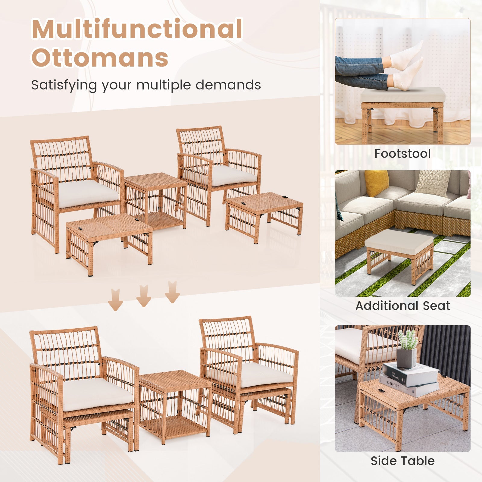 5 Piece Patio Wicker Sofa Set with Seat and Back Cushions-Natural by DirectDeals
