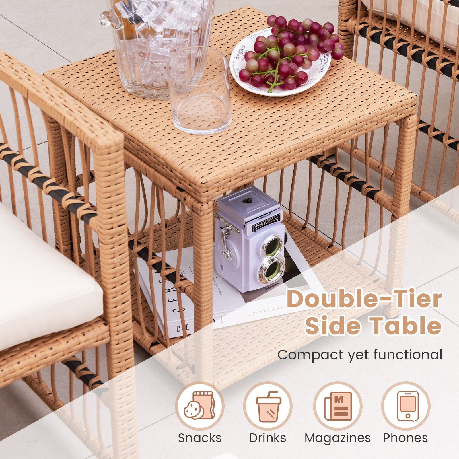 5 Piece Patio Wicker Sofa Set with Seat and Back Cushions-Natural by DirectDeals