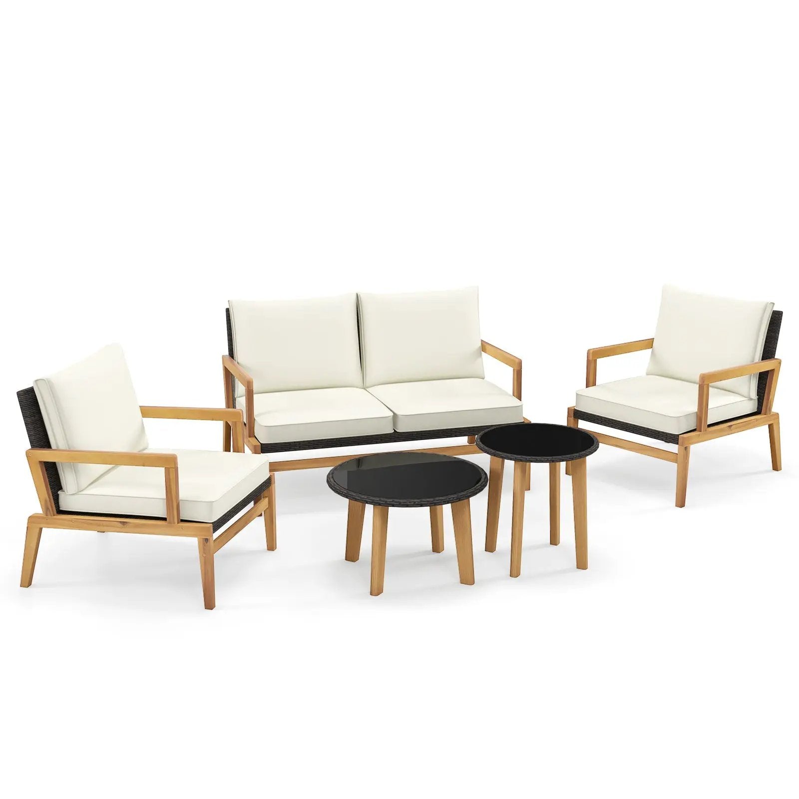 5 Piece Rattan Furniture Set Wicker Woven Sofa Set with 2 Tempered Glass Coffee Tables-Off White by DirectDeals