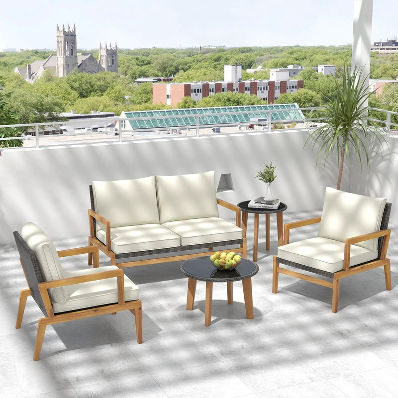 5 Piece Rattan Furniture Set Wicker Woven Sofa Set with 2 Tempered Glass Coffee Tables-Off White by DirectDeals