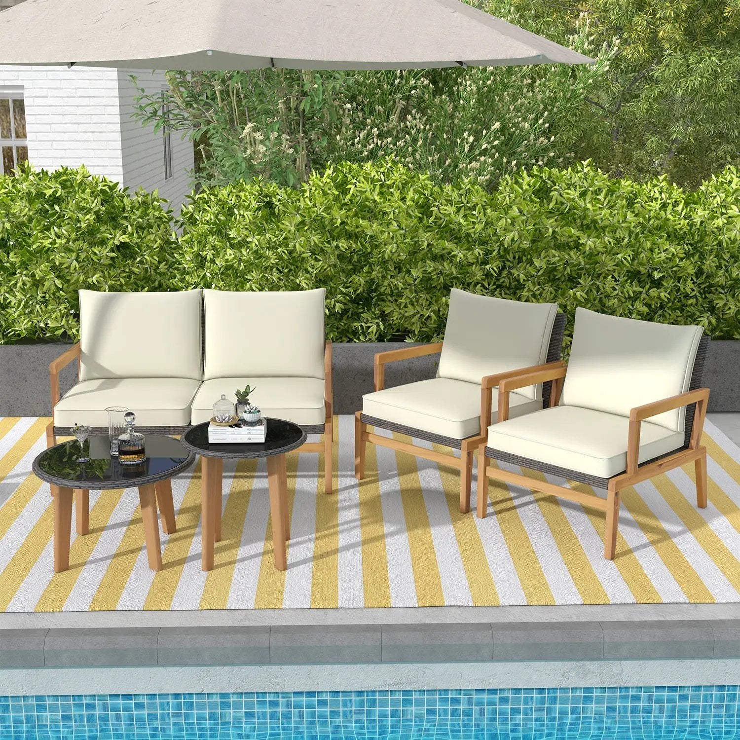 5 Piece Rattan Furniture Set Wicker Woven Sofa Set with 2 Tempered Glass Coffee Tables-Off White by DirectDeals