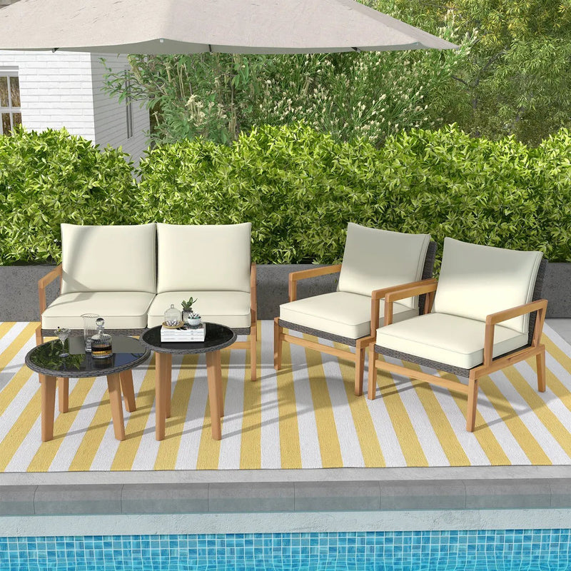 5 Piece Rattan Furniture Set Wicker Woven Sofa Set with 2 Tempered Glass Coffee Tables-Off White by DirectDeals