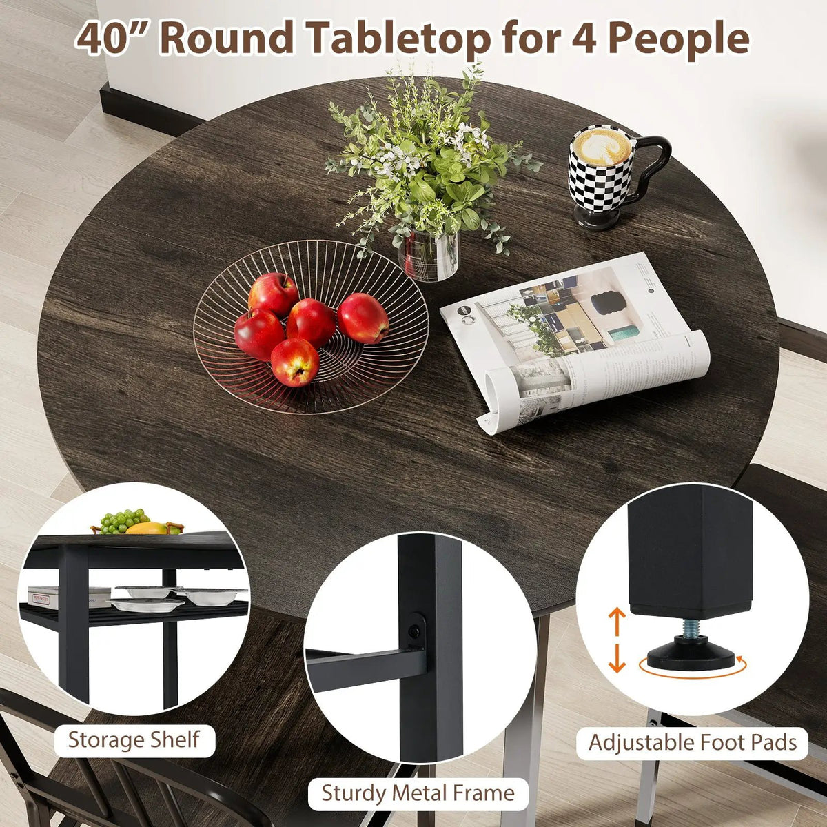5-Piece Round Dining Table Set with Storage Shelf for Dining Room by DirectDeals