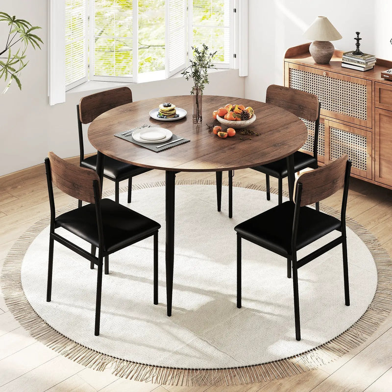 5-Piece Round Kitchen Table Set with Drop Leaf Tabletop and 4 Upholstered Dining Chairs-Brown by DirectDeals