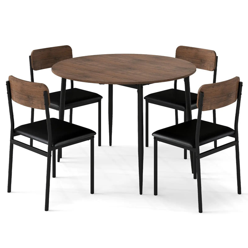 5-Piece Round Kitchen Table Set with Drop Leaf Tabletop and 4 Upholstered Dining Chairs-Brown by DirectDeals