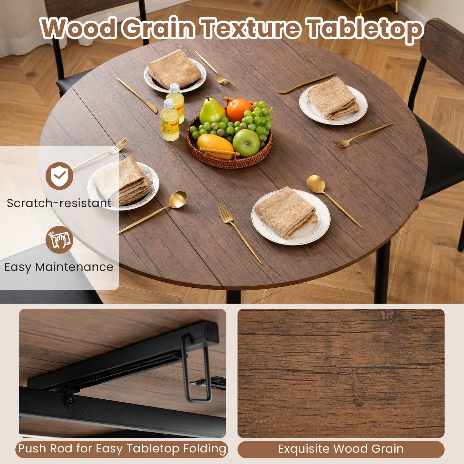 5-Piece Round Kitchen Table Set with Drop Leaf Tabletop and 4 Upholstered Dining Chairs-Brown by DirectDeals