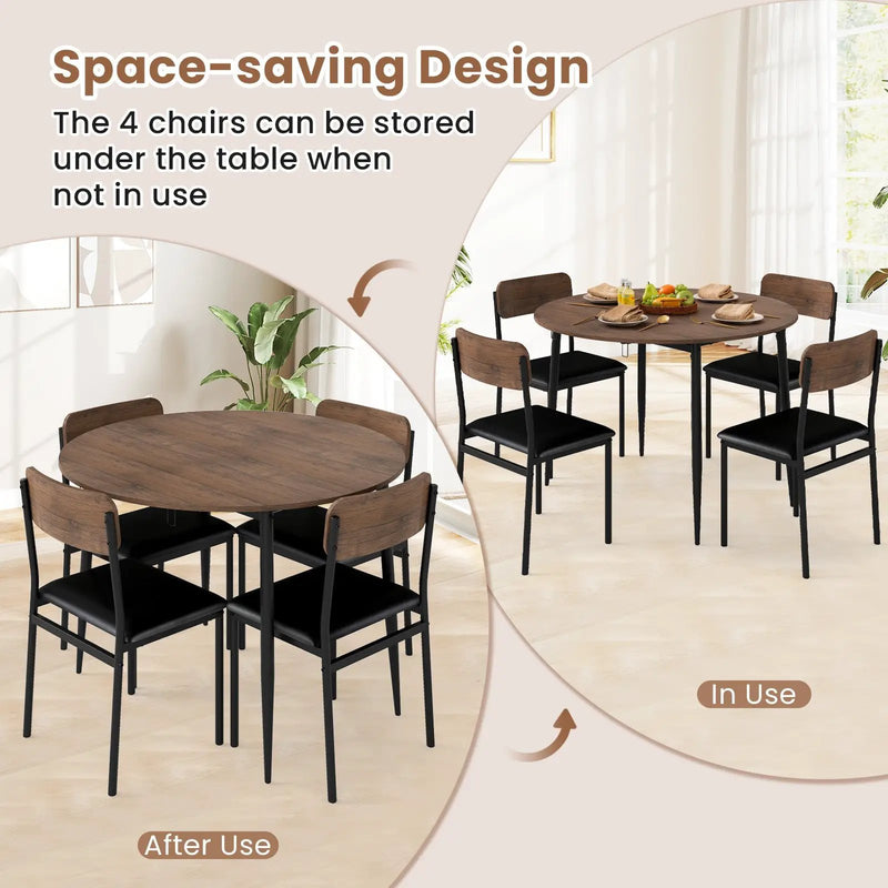 5-Piece Round Kitchen Table Set with Drop Leaf Tabletop and 4 Upholstered Dining Chairs-Brown by DirectDeals