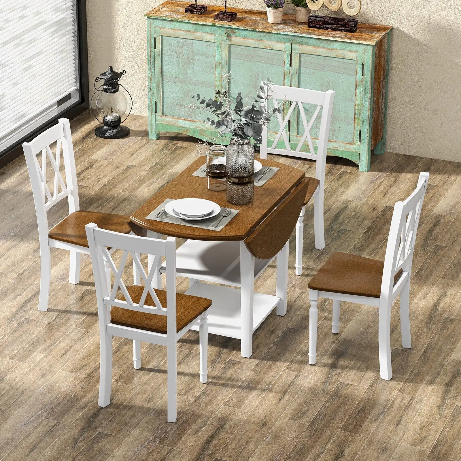 5 Piece Round Kitchen Dining Set with Drop Leaf Table Top by DirectDeals