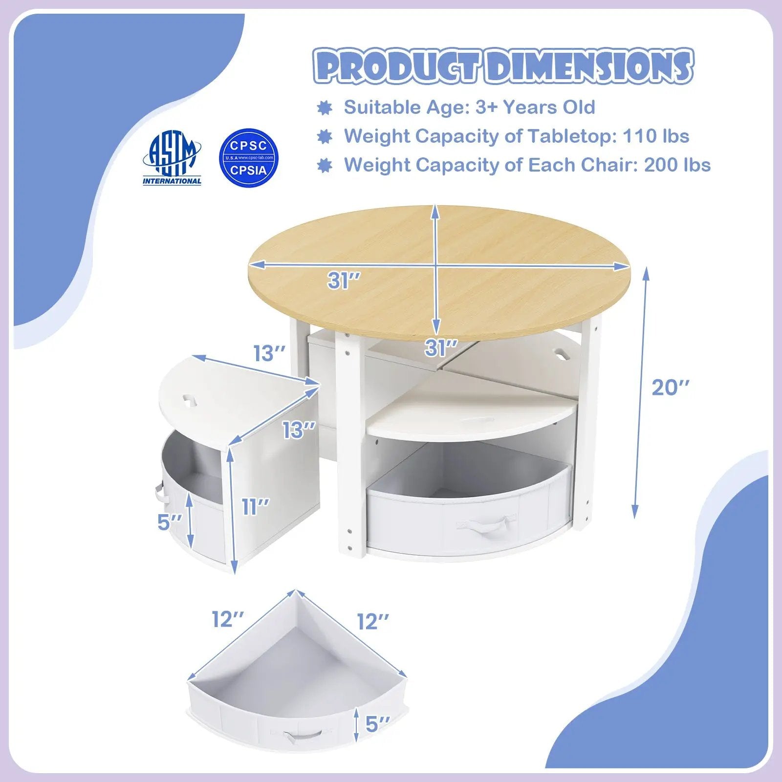 5 Piece Toddler Round Nesting Table with 4 Storage Stools for Activity by DirectDeals